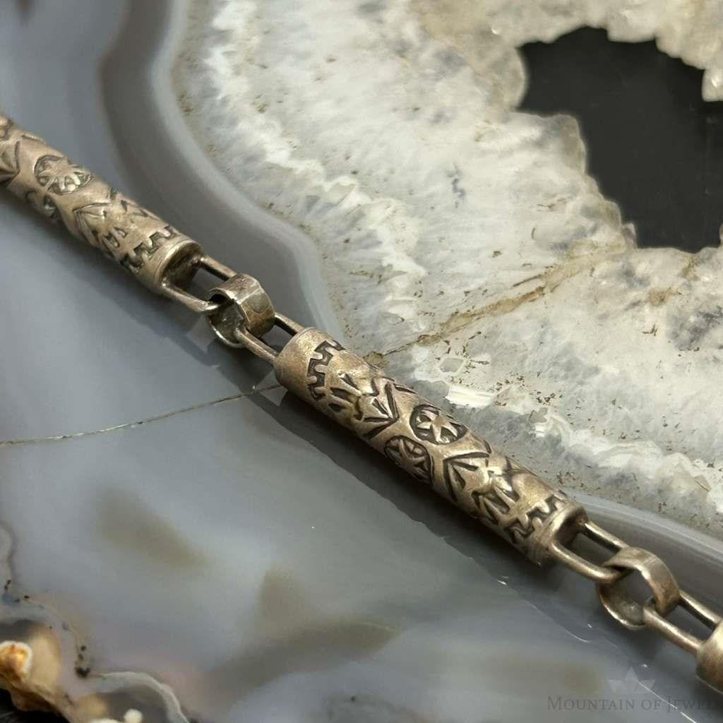 Vintage Silver Stamped Cylinder 24" Fashion Link Necklace For Women