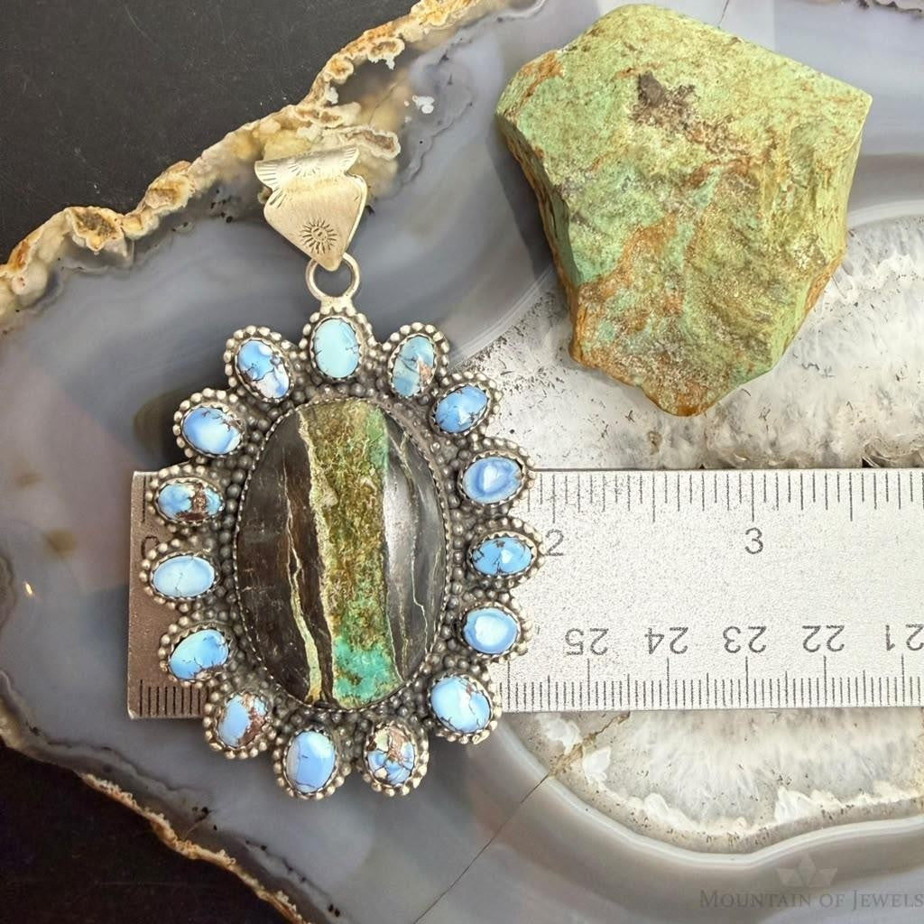 Sterling Silver Southwestern Style Blackjack &Golden Hill Turquoise Cluster Pendant For Women