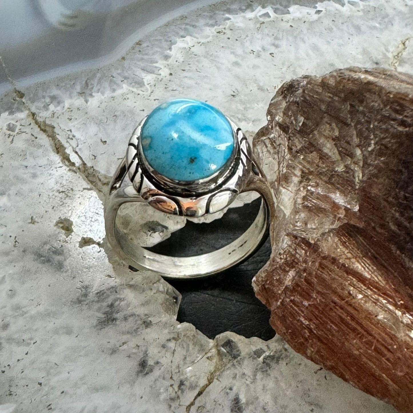 Native American Sterling Silver Oval Turquoise Decorated Ring Sz 8.5 For Women