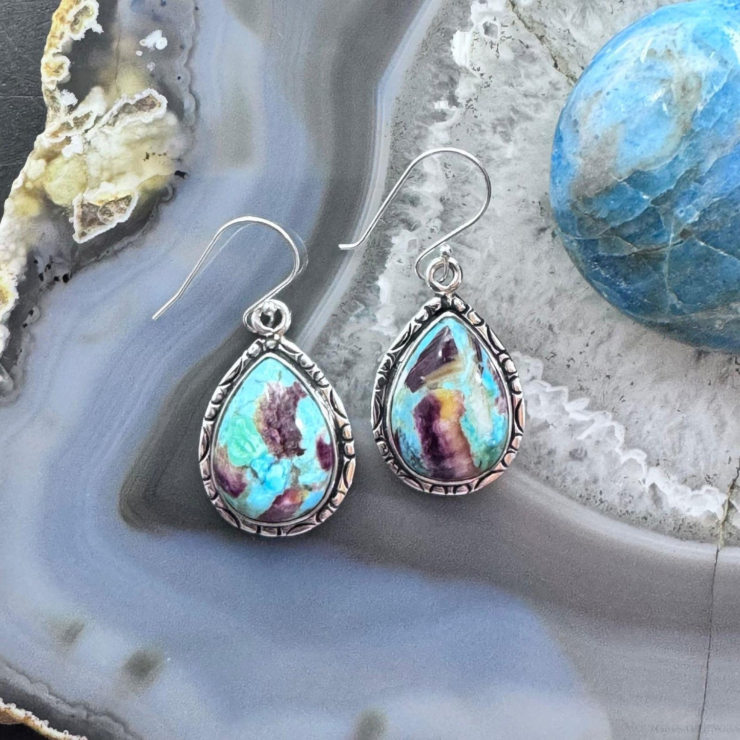 Native American Sterling Silver Turquoise & Spiny Oyster Composite Dangle Earrings For Women #1