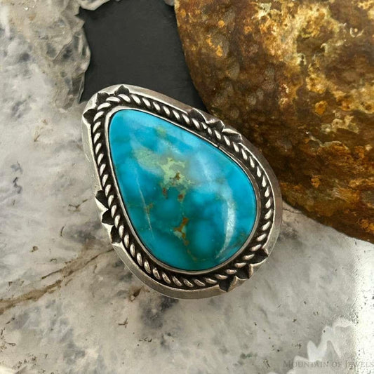 Vintage Silver Native American Teardrop Turquoise Decorated Ring Size 6 For Women
