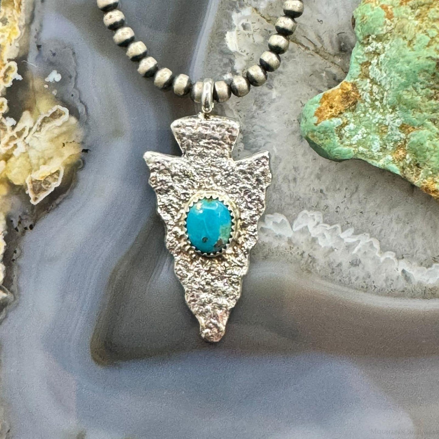 Gary Custer Navajo Native American Sterling Silver Tufa Cast Turquoise Arrowhead Unisex Pendant #1