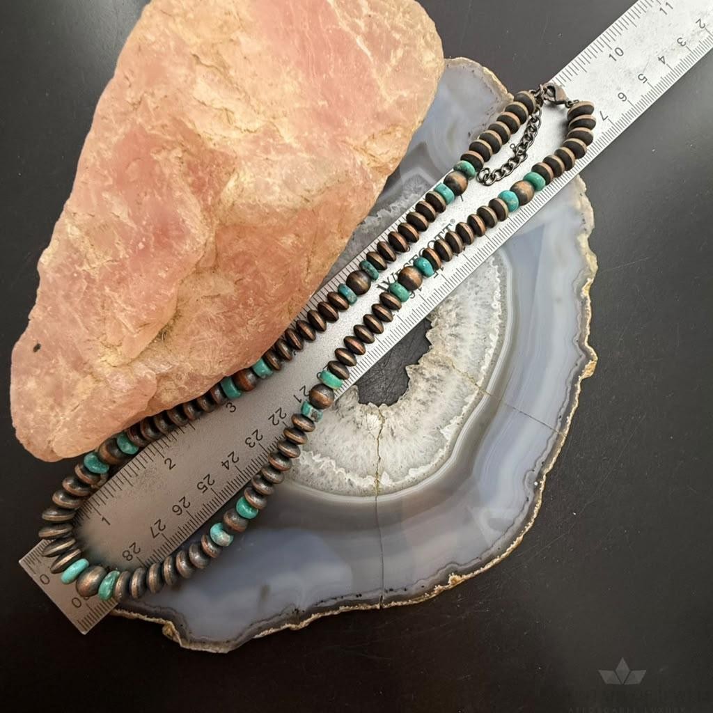 Southwestern Style Copper 8mm Navajo Pearl Saucer & Turquoise 18"-20" Necklace