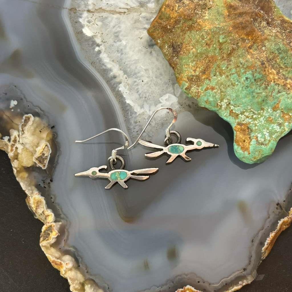 Vintage Silver Native American Roadrunner w/Turquoise Dangle Earrings For Women