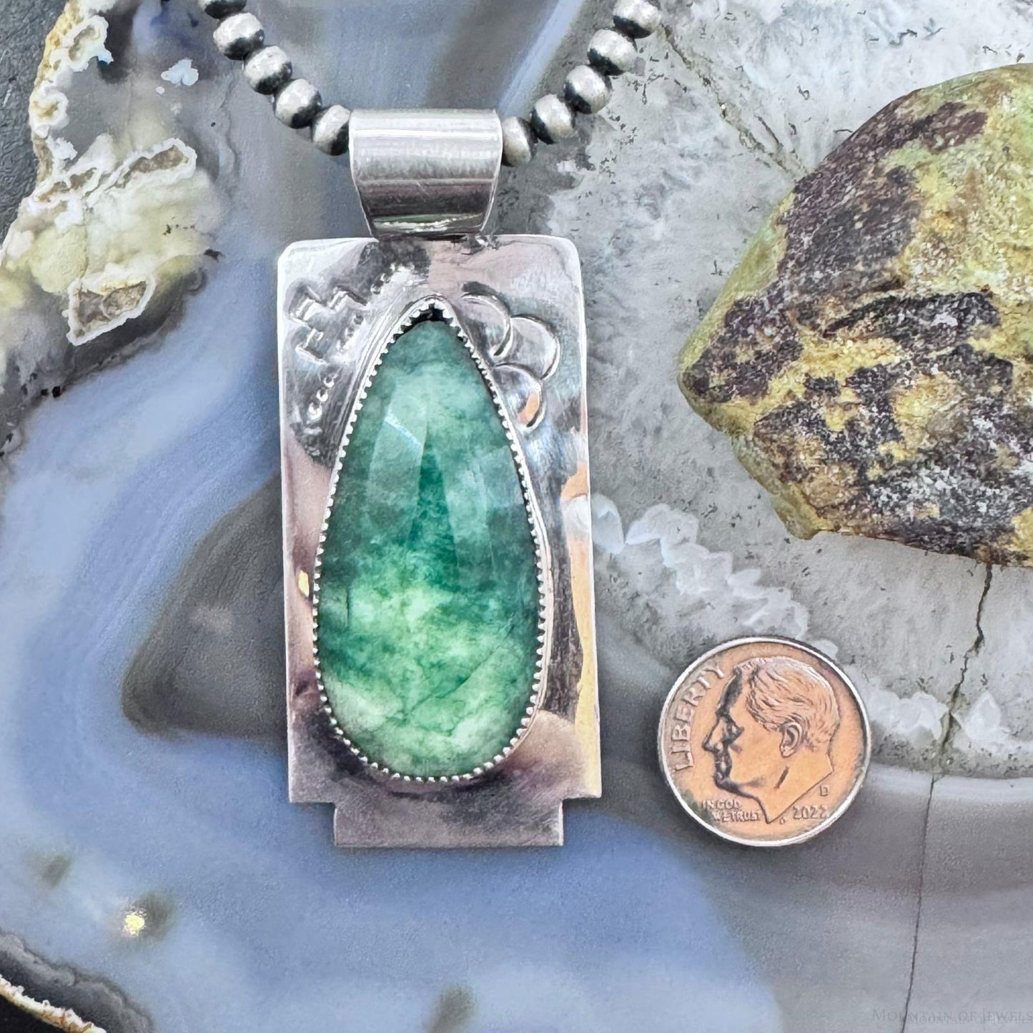 Frank Chavez Native American Sterling Silver Teardrop Faceted Moss Agate Pendant