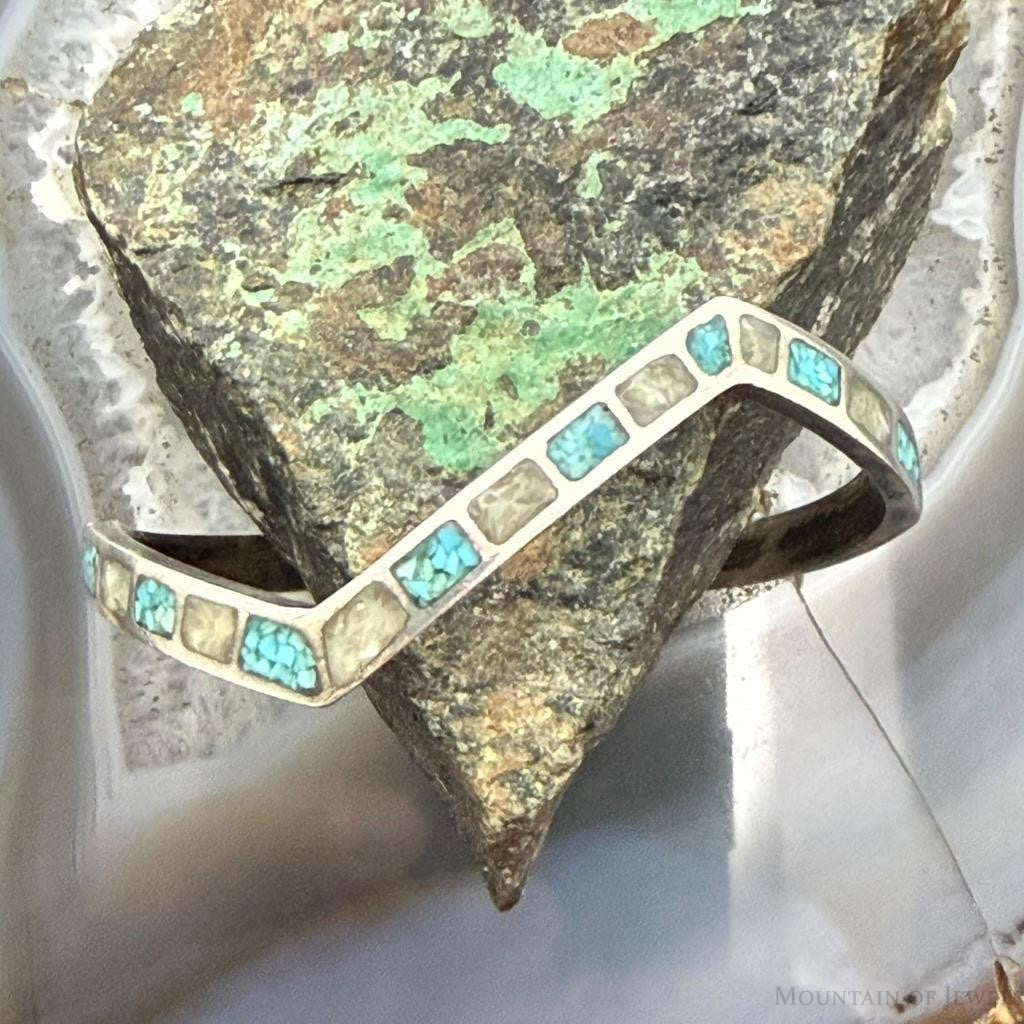Vintage Native American Silver Chip Inlay Turquoise & MOP Zigzag Cuff For Women