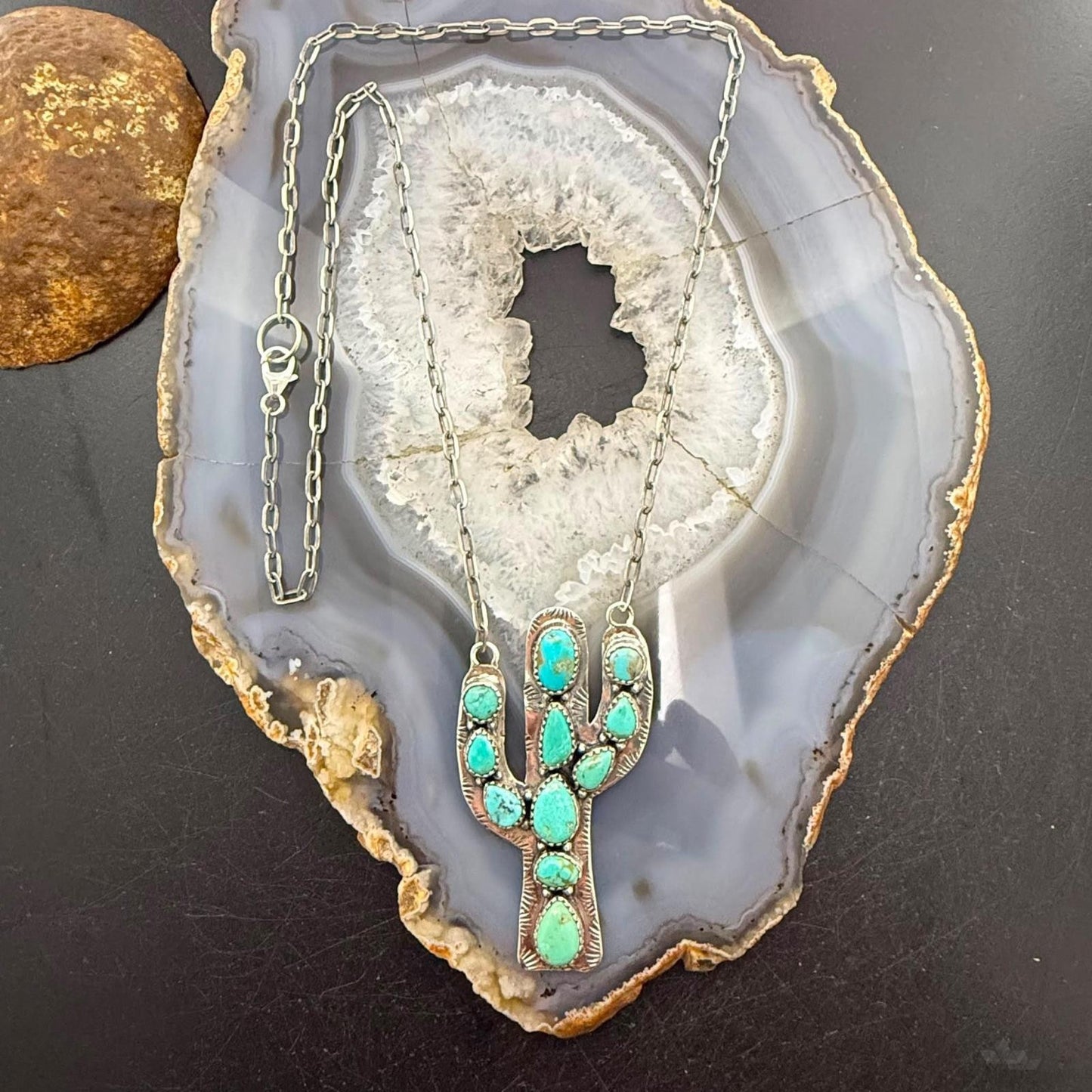Sterling Southwestern Style Kingman Turquoise Cactus Pendant 22.5" Necklace #1