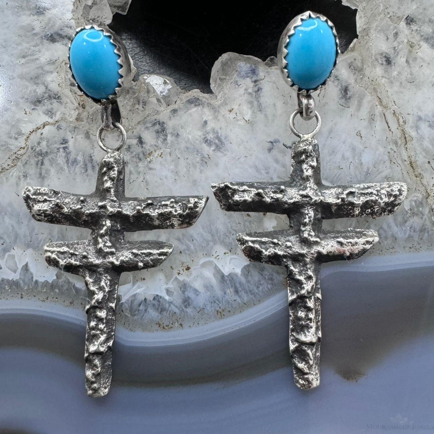 Cheyenne Custer Sterling Silver Sleeping Beauty Turquoise Tufa Cast Dangle Earrings For Women