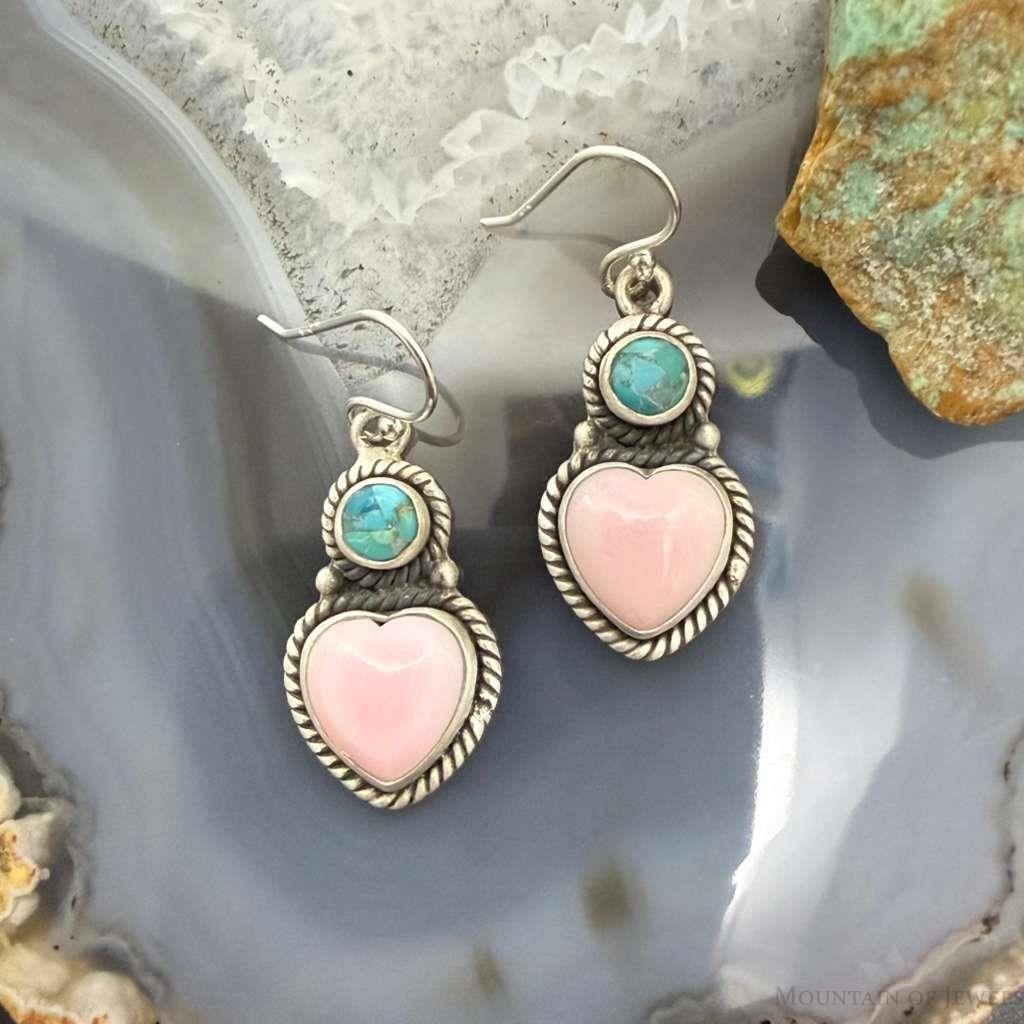 Sterling Silver Southwestern Style Pink Conch & Turquoise Dangle Earrings For Women