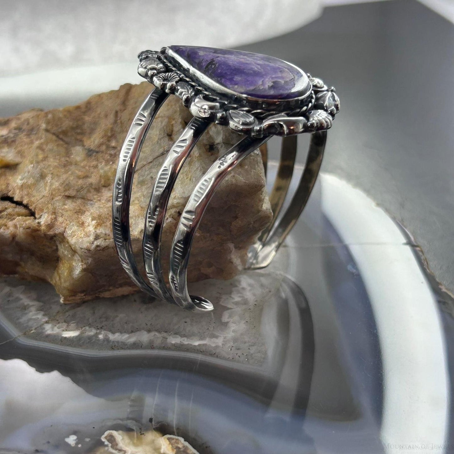 Sterling Silver Southwestern Style Large Teardrop Charoite Decorated Bracelet For Women