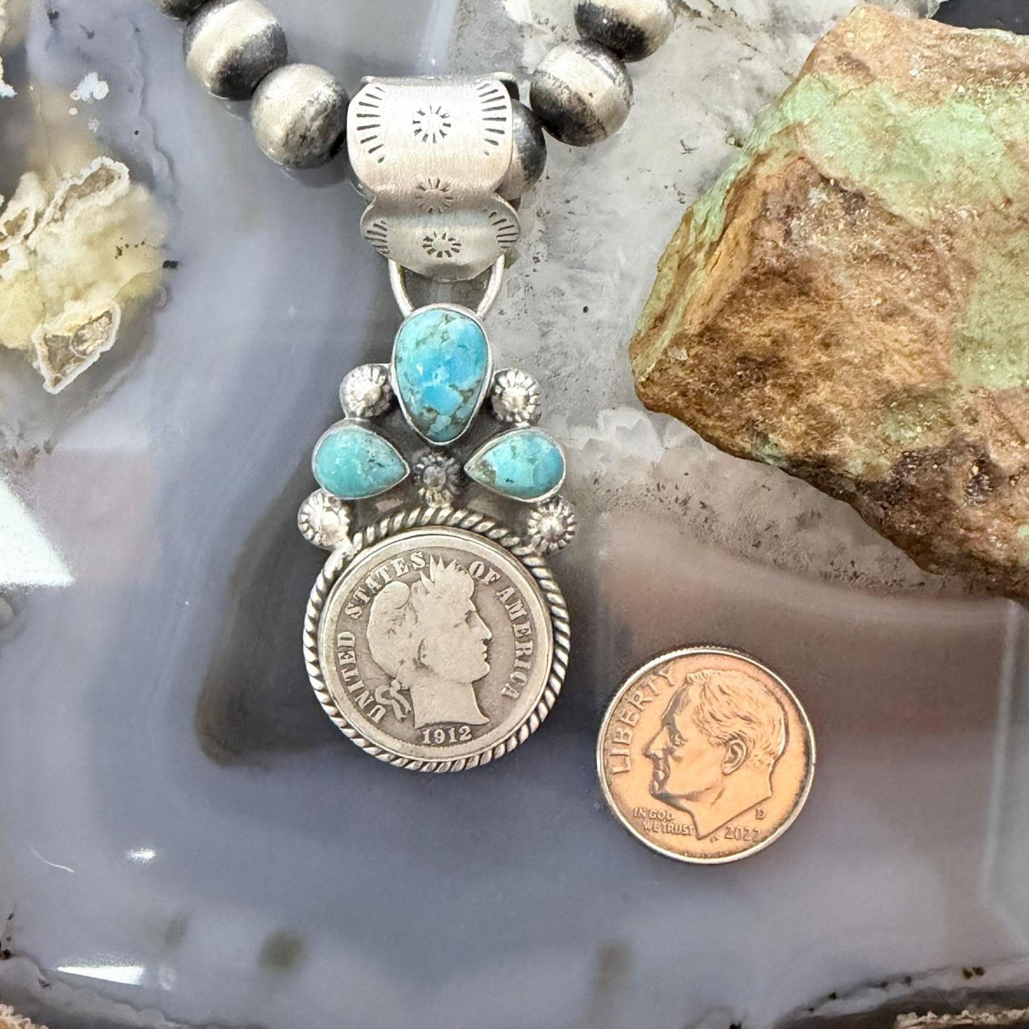 Genuine 1912 90% Silver Barber Head Dime Coin Mohave Turquoise Unisex Pendant