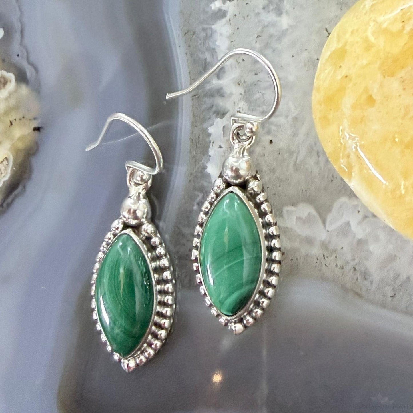 Sterling Silver Southwestern Style Marquise Malachite Dangle Earrings For Women
