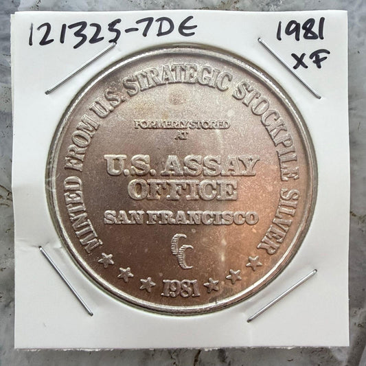 1981 US 1.0 Troy Ounce .999 Fine Silver Trade Unit Minted Stockpile XF #121325-7DE