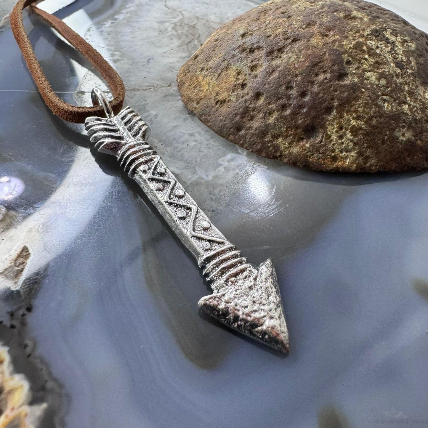 Gary Custer Sterling Silver Tufa Cast Unisex Arrow Pendant w/Adjustable Leather Cord