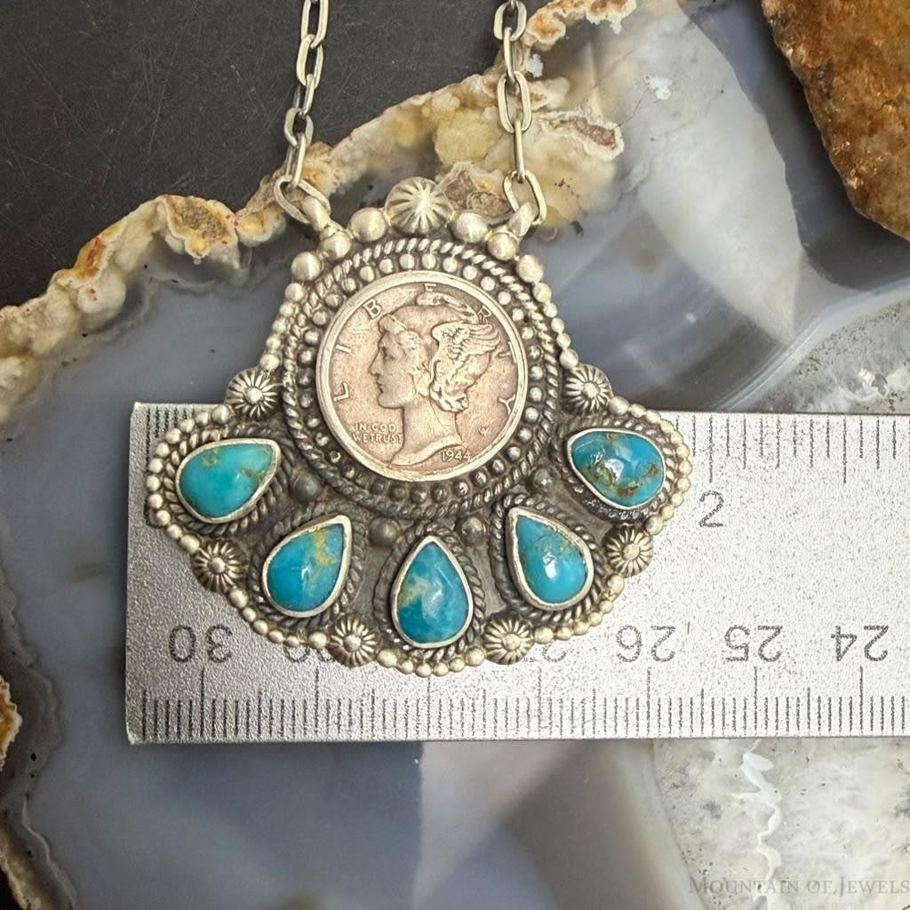 Sterling Silver Southwestern Style 1944 Mercury Dime & Kingman Turquoise Necklace For Women