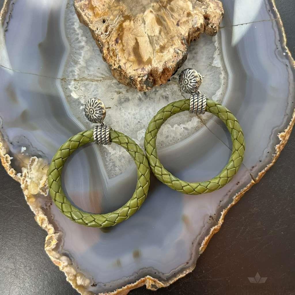 Carolyn Pollack Sterling Silver Olive Green Braided Leather Hoop Earrings For Women