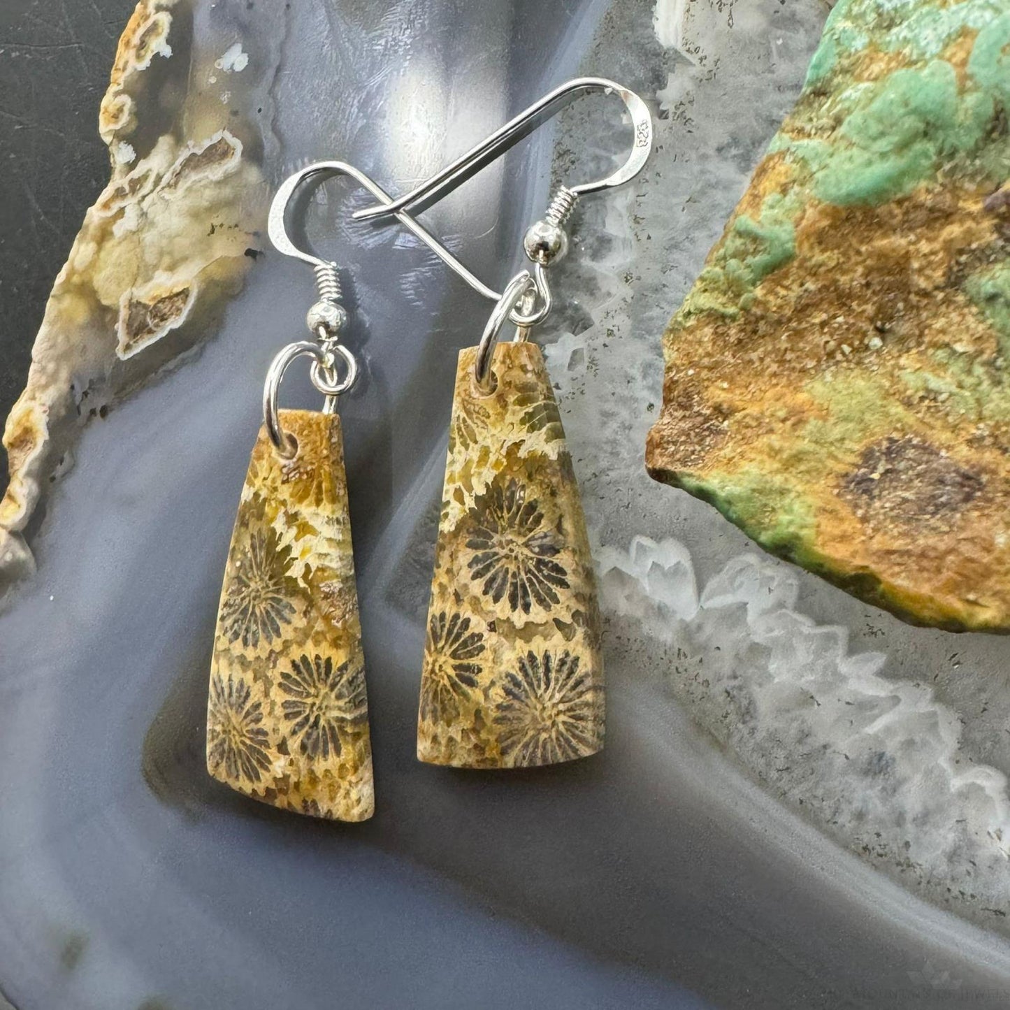 Sterling Silver Triangle Fossilized Jasper Slab Dangle Earrings For Women #198