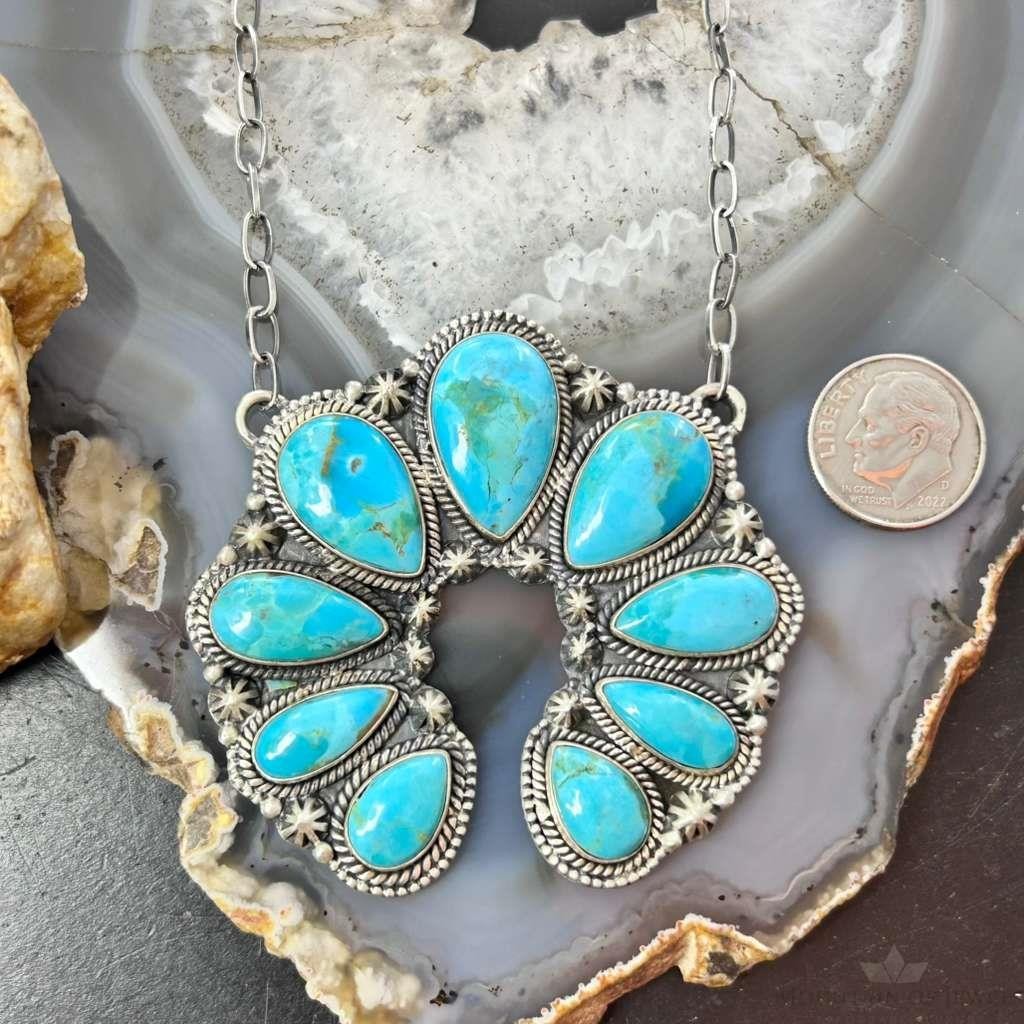 Sterling Silver Southwestern Style Teardrop Turquoise Naja 17" Necklace For Women