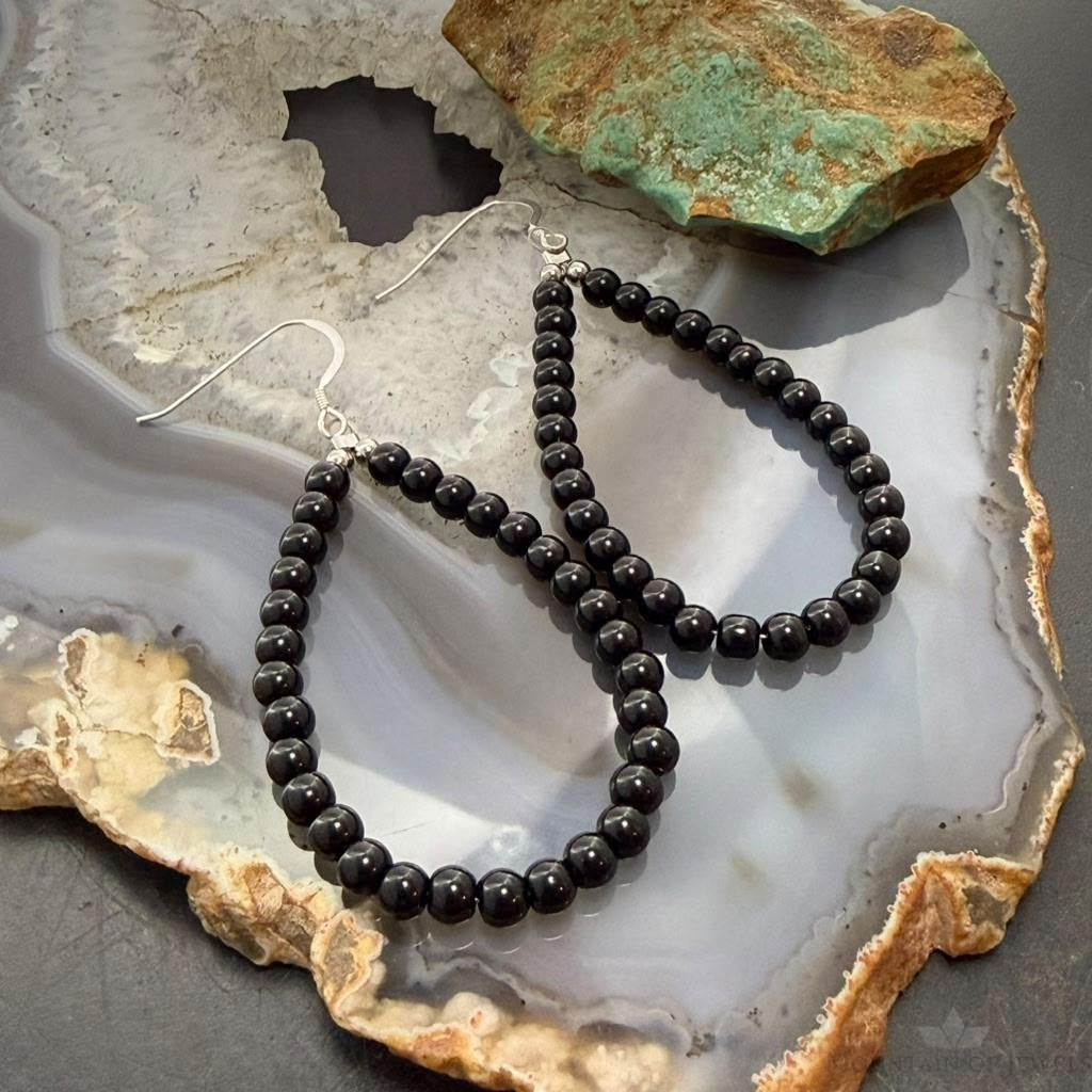 Sterling Silver 4mm Onyx Beads Hoop Dangle Earrings For Women