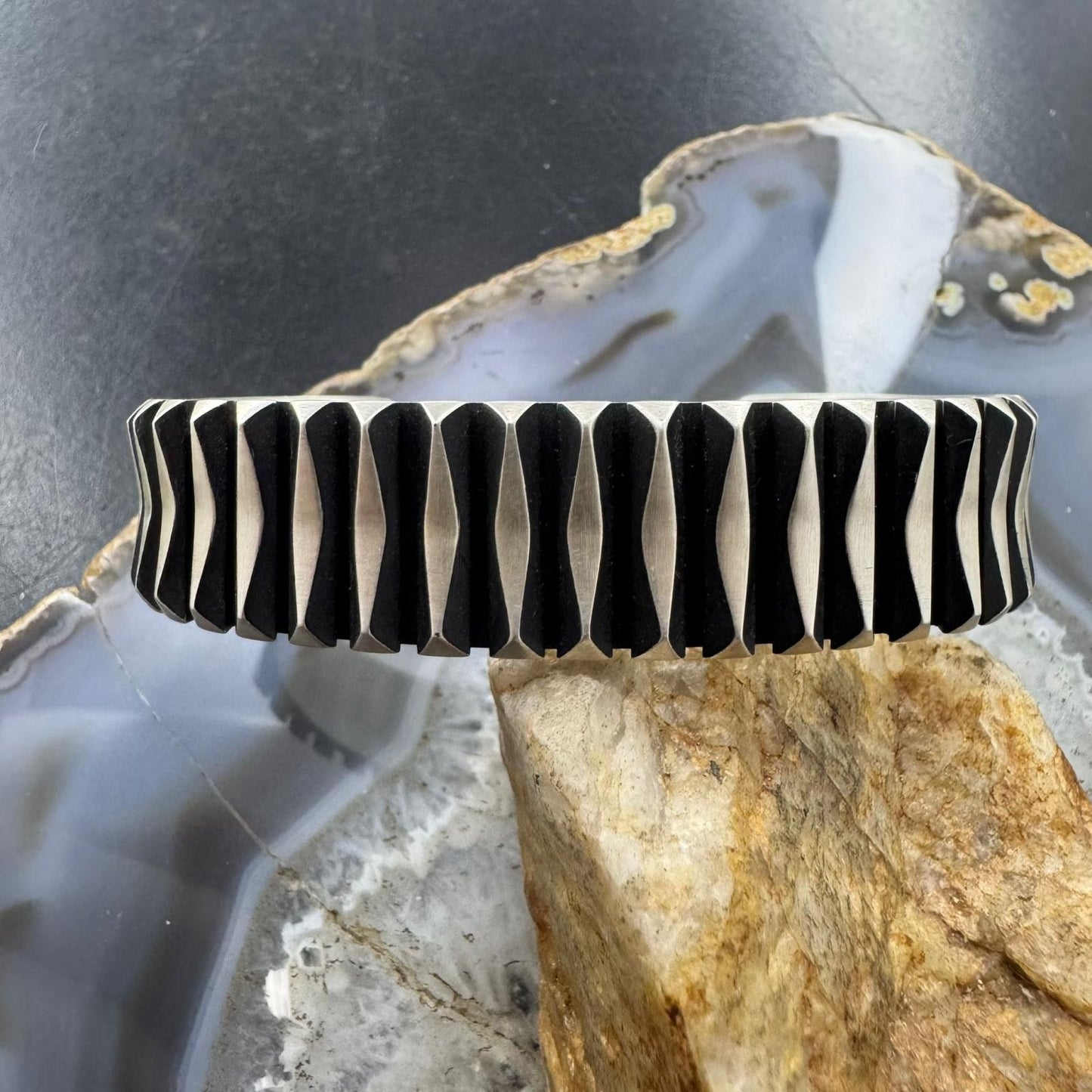 Leander Tahe Native American Sterling Silver Heavy 3D Geometric Bracelet For Men