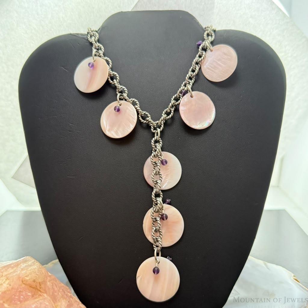 Carolyn Pollack Sterling Silver 7 MOP Disc, Amethyst Twisted Link Chain 20" Necklace For Women