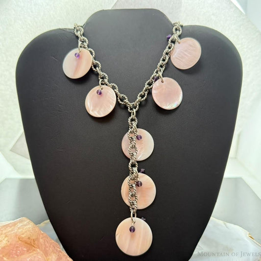Carolyn Pollack Sterling Silver 7 MOP Disc, Amethyst Twisted Link Chain 20" Necklace For Women