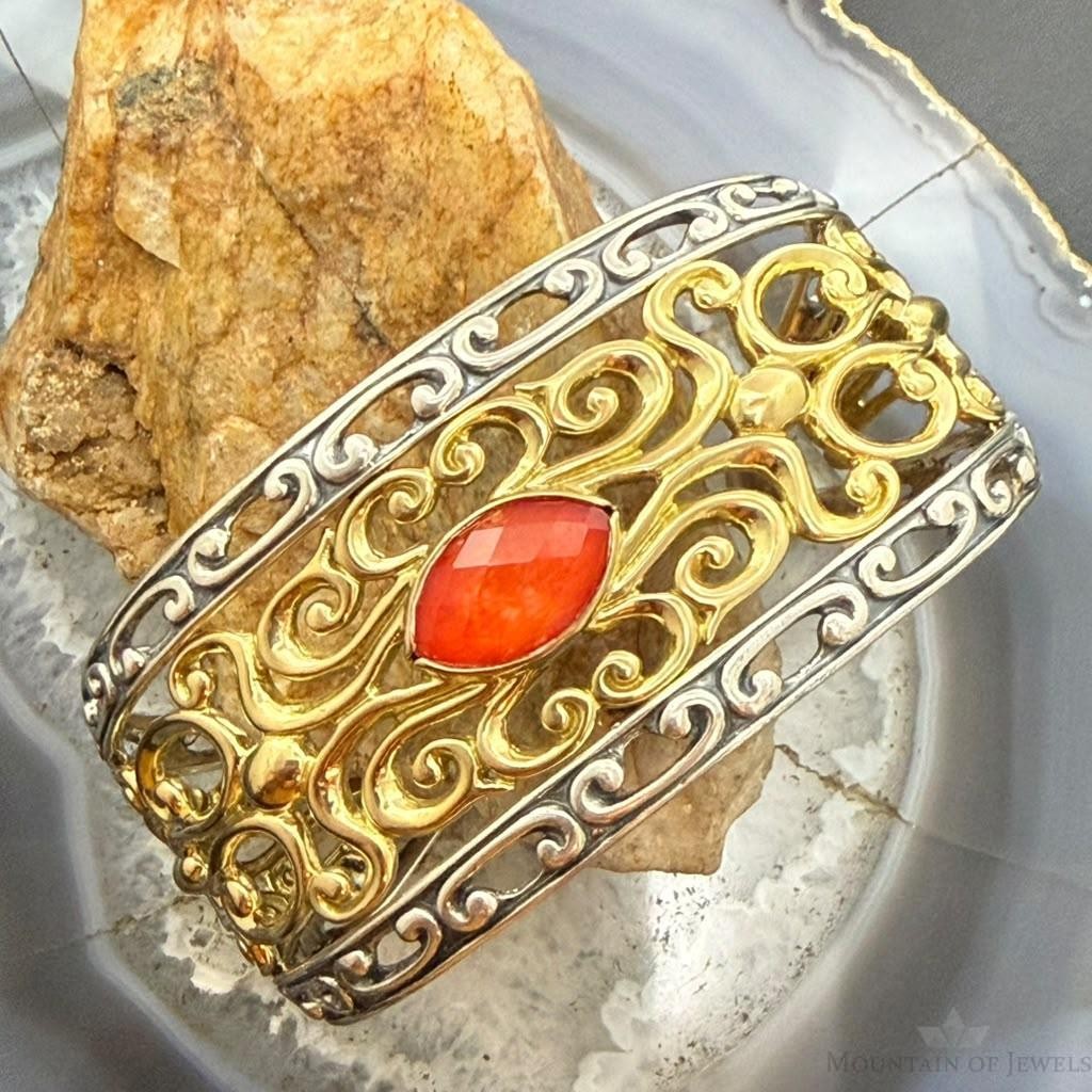 Carolyn Pollack Sterling Silver & Brass Marquise Coral Doublet Swirl Bracelet For Women