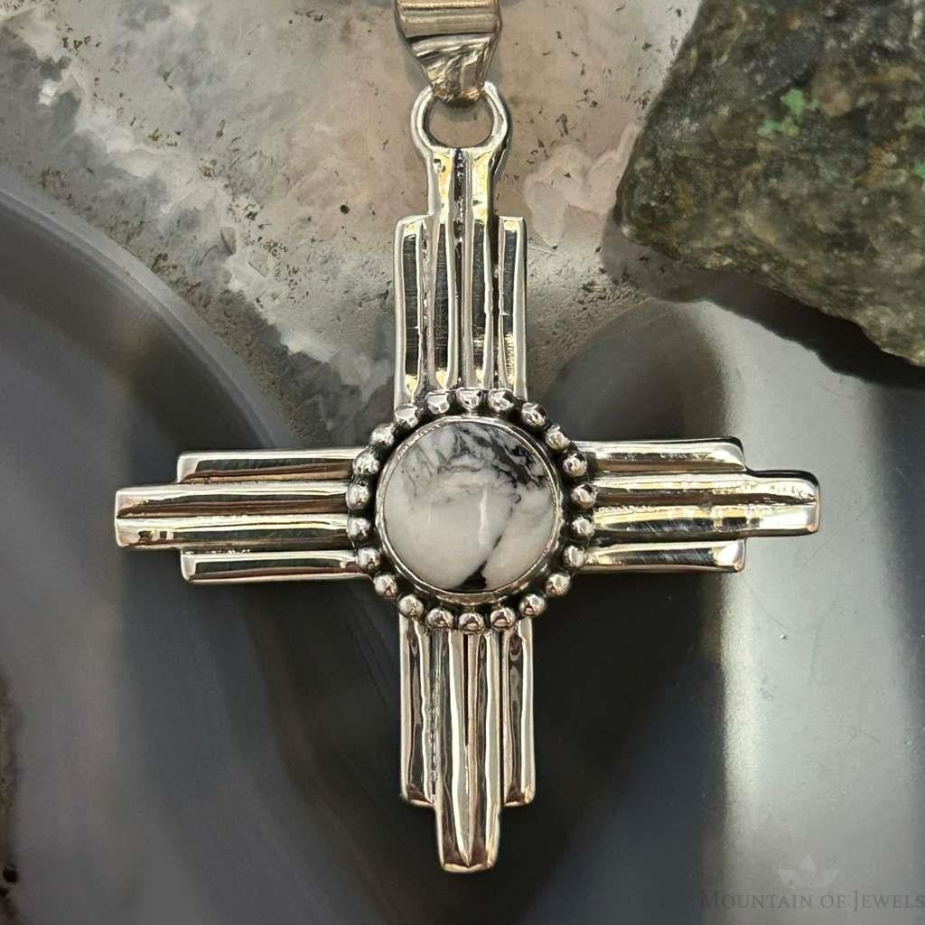 Sterling Silver Southwestern Style Rounded White Buffalo Unisex Zia Pendant