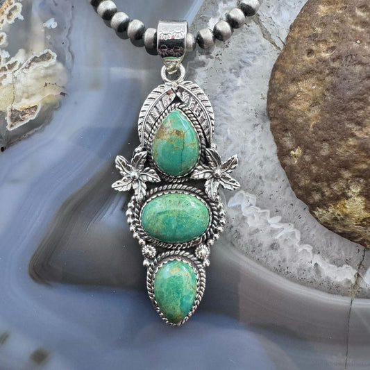 Sterling Silver Southwestern Style Triple Turquoise Decorated Pendant For Women