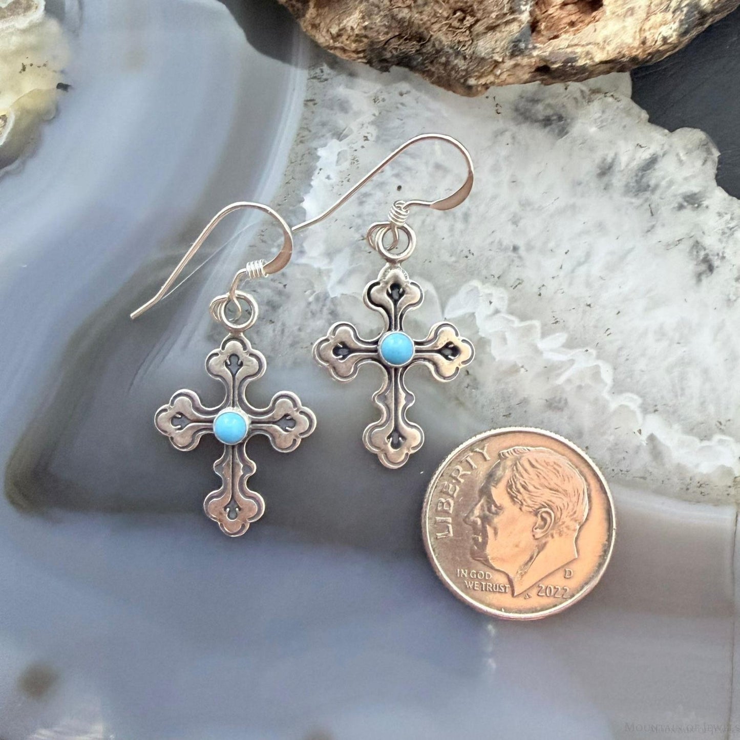 Sterling Silver Southwestern Style Turquoise Cross Dangle Earrings For Women