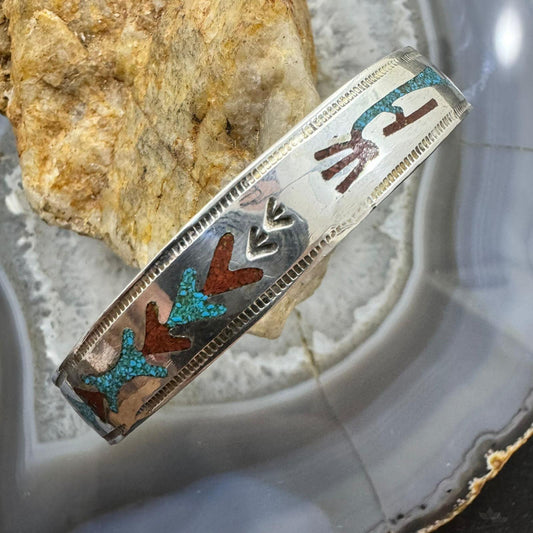 Vintage Native American Sterling Silver Kokopelli Turquoise & Coral Chip Inlay Bracelet For Women