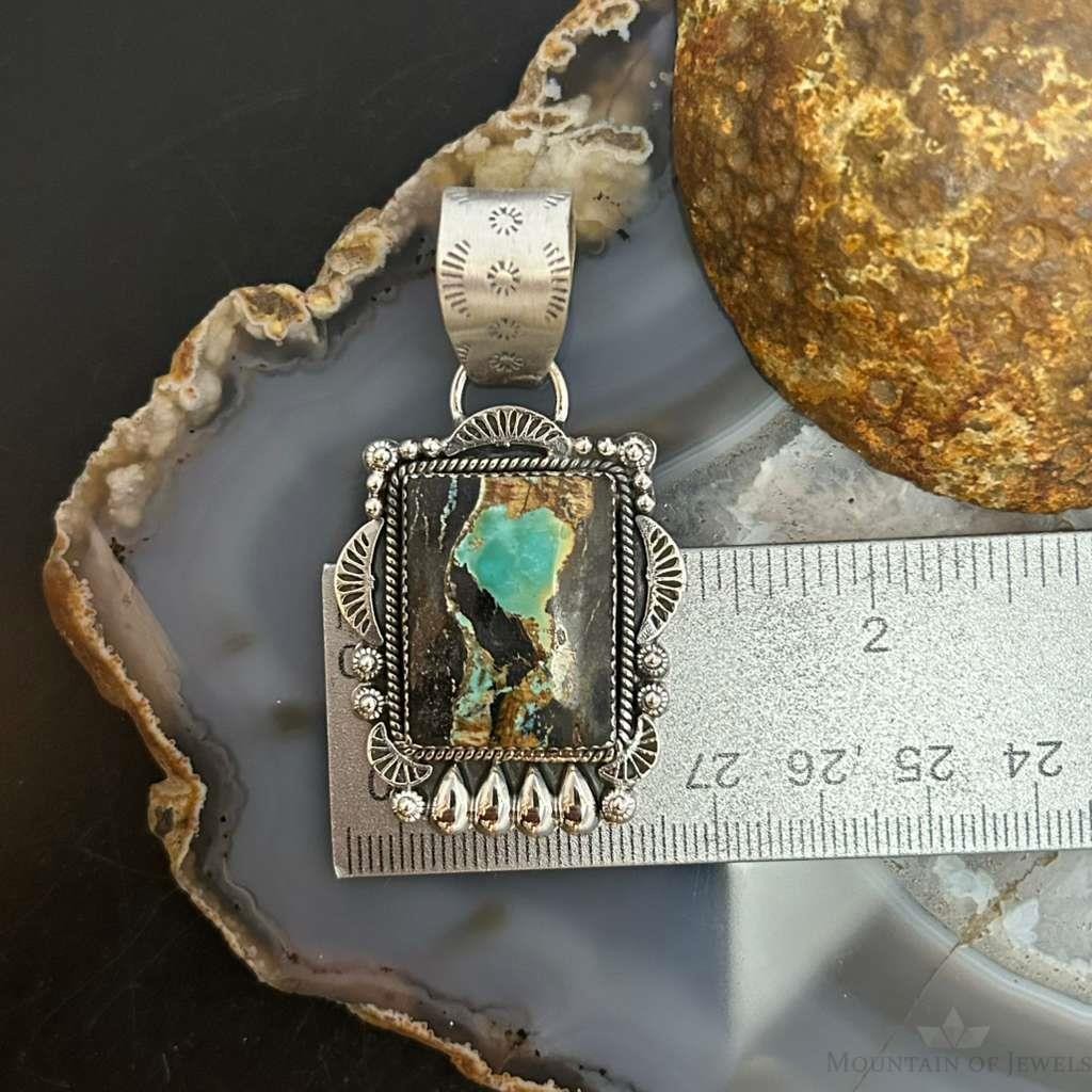 Sterling Silver Southwestern Style Rectangle Blackjack Turquoise Pendant For Women #1