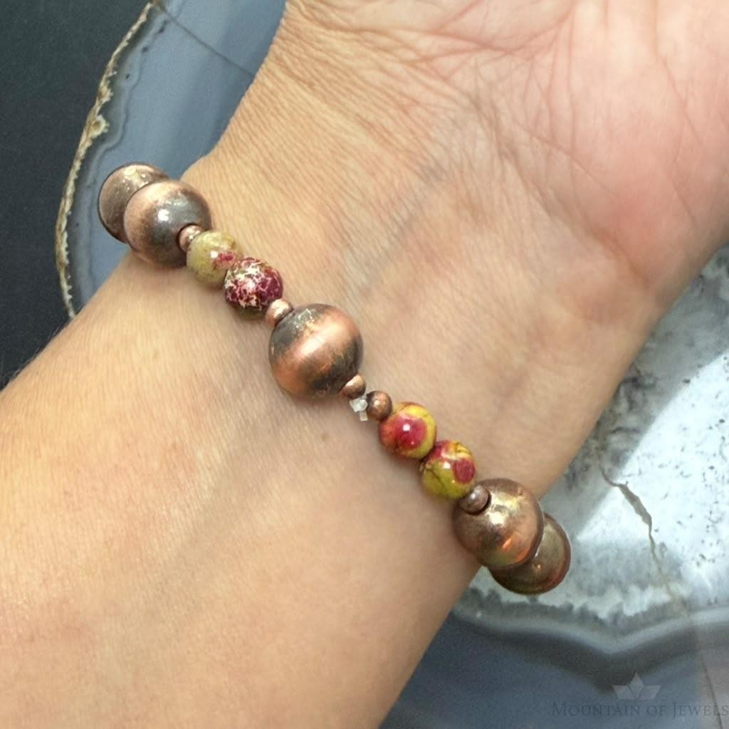 Southwestern Style 6-9.5mm Copper Navajo Pearl Beads & Sediment Jasper Stretch Bracelet For Women