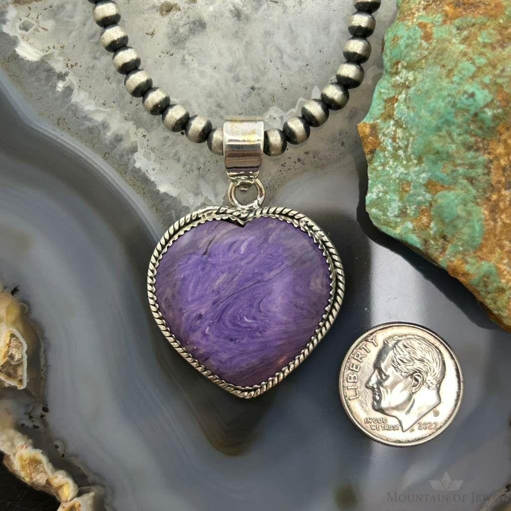 Sterling Silver Southwestern Style Charoite Heart Pendant For Women #3
