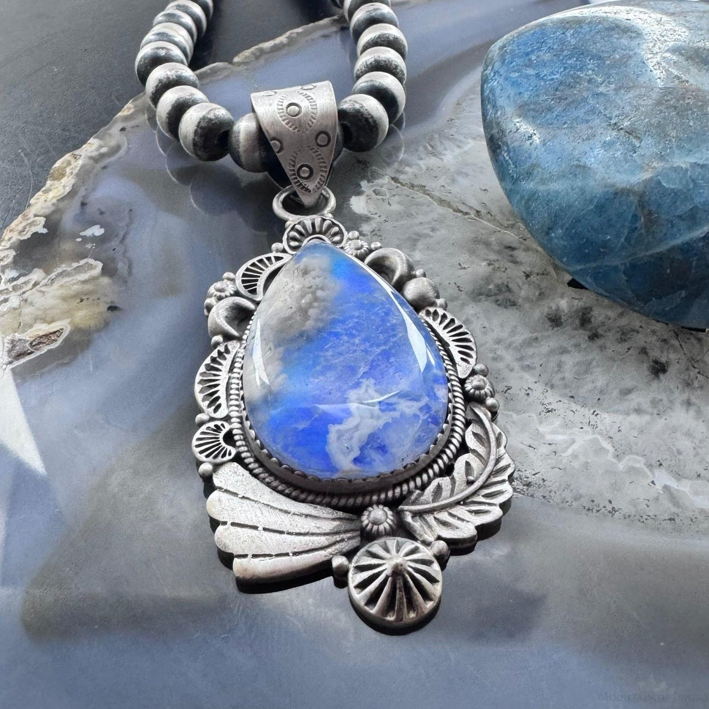 Sterling Silver Southwestern Style Teardrop Plume Doublet Agate Decorated Pendant For Women