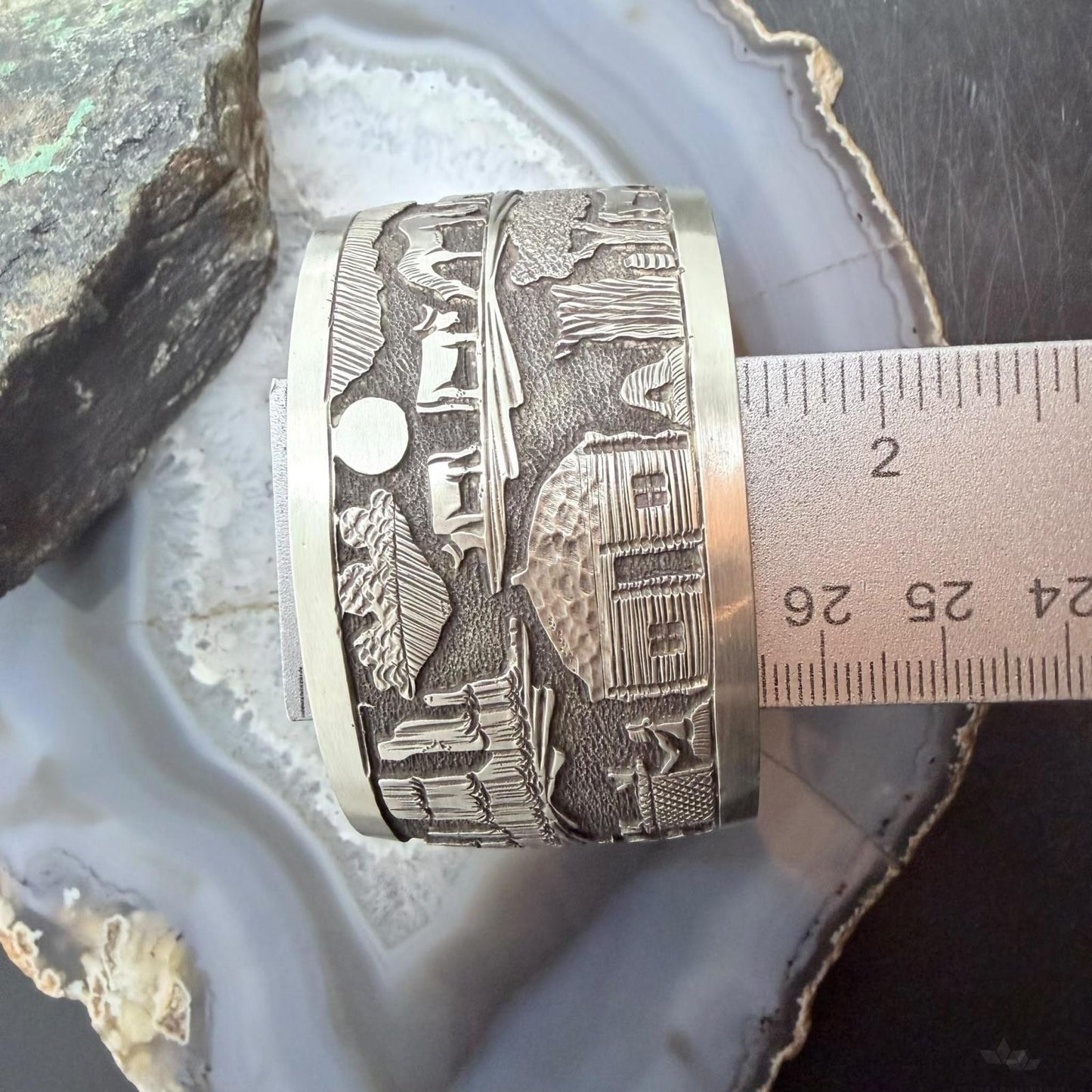 Alex Becenti Native American Sterling Silver Village Life Storyteller Wide Unisex Cuff Bracelet