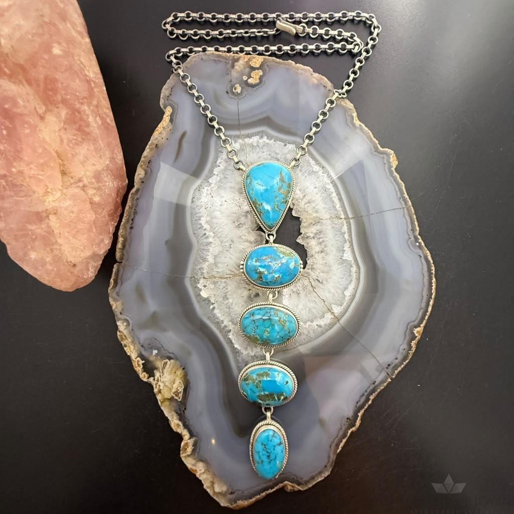 Sterling Silver Southwestern Style Kingman Turquoise Lariat 25" Necklace For Women