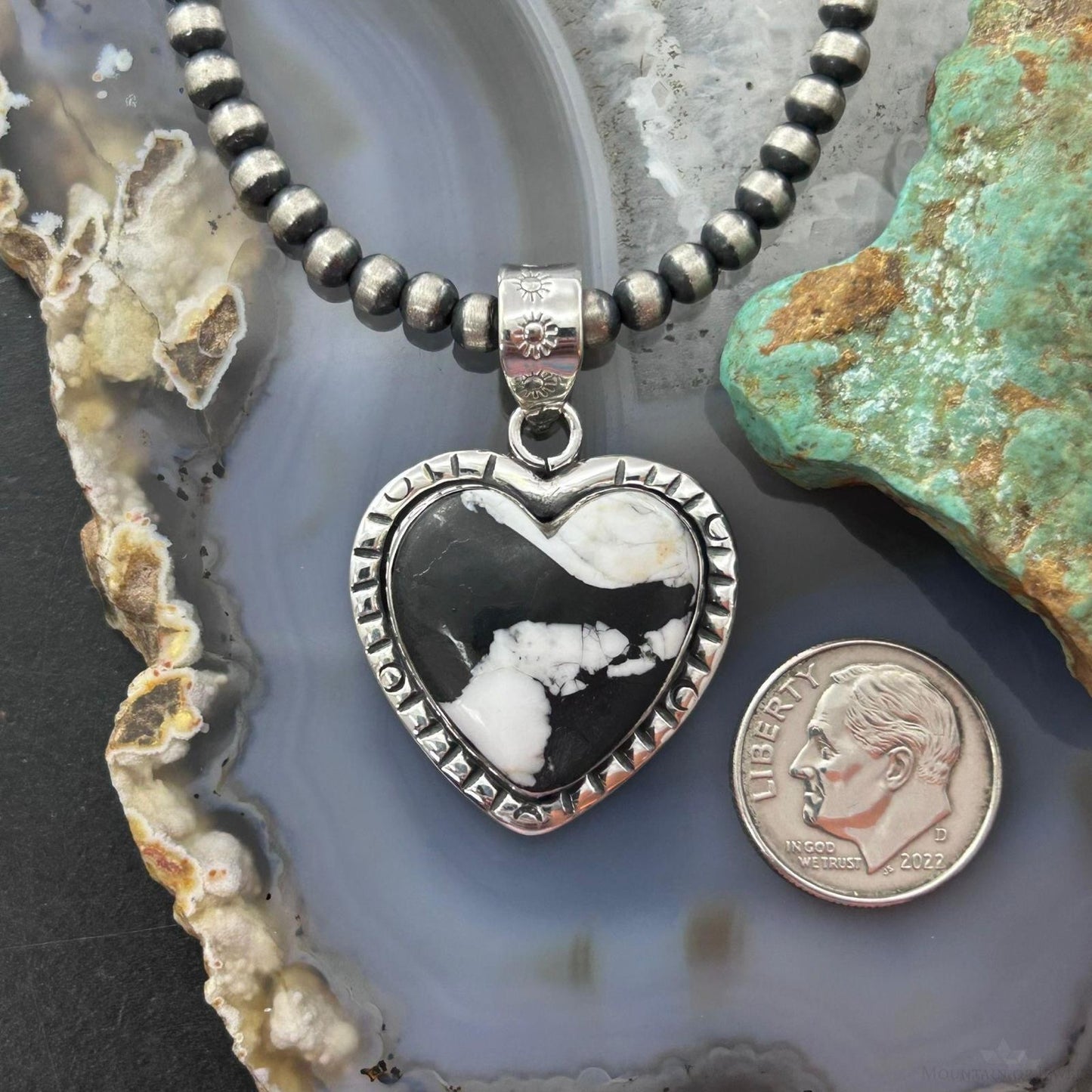 Sterling Silver Southwestern Style White Buffalo Decorated Heart Pendant For Women