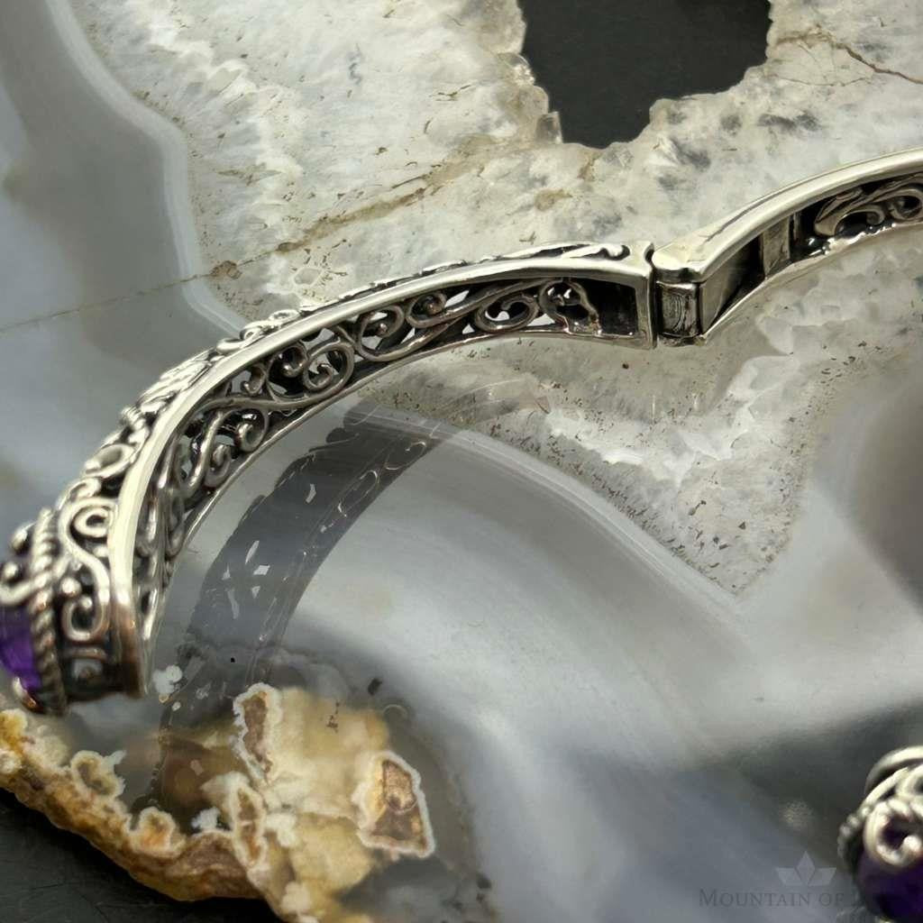 Carolyn Pollack Sterling Silver Faceted Amethyst Overlapping Decorated Hinged Bracelet