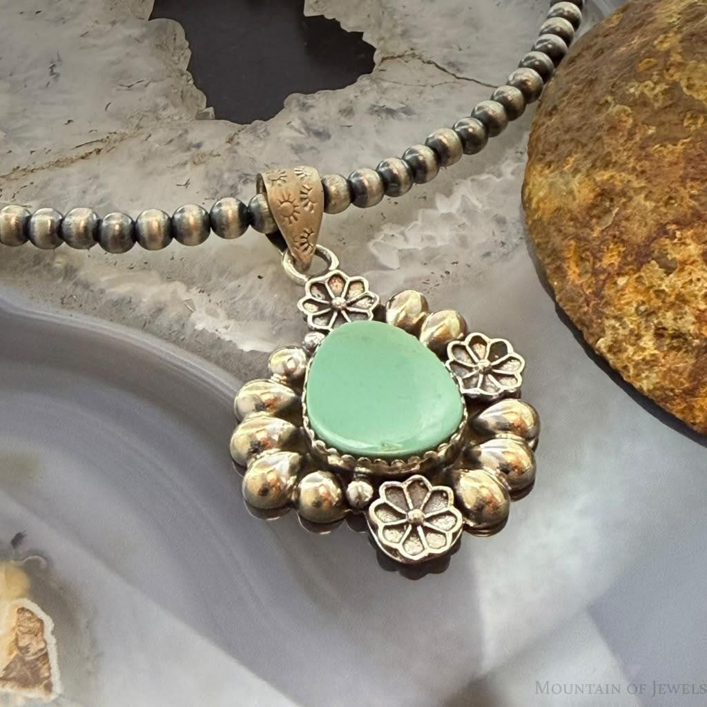 Sterling Silver Southwestern Style Turquoise w/Flower Decorated Pendant For Women