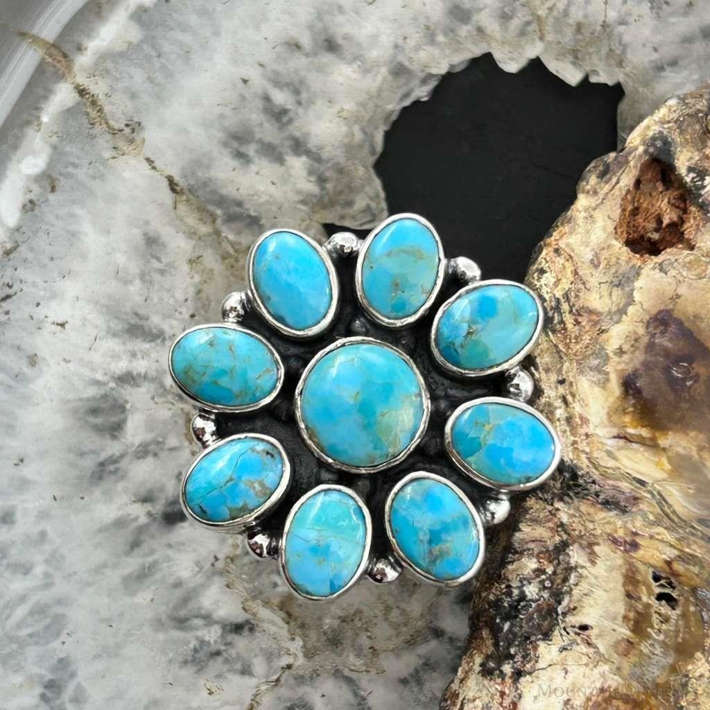 Sterling Silver Southwestern Style Mohave Turquoise Cluster Ring Size 7 For Women