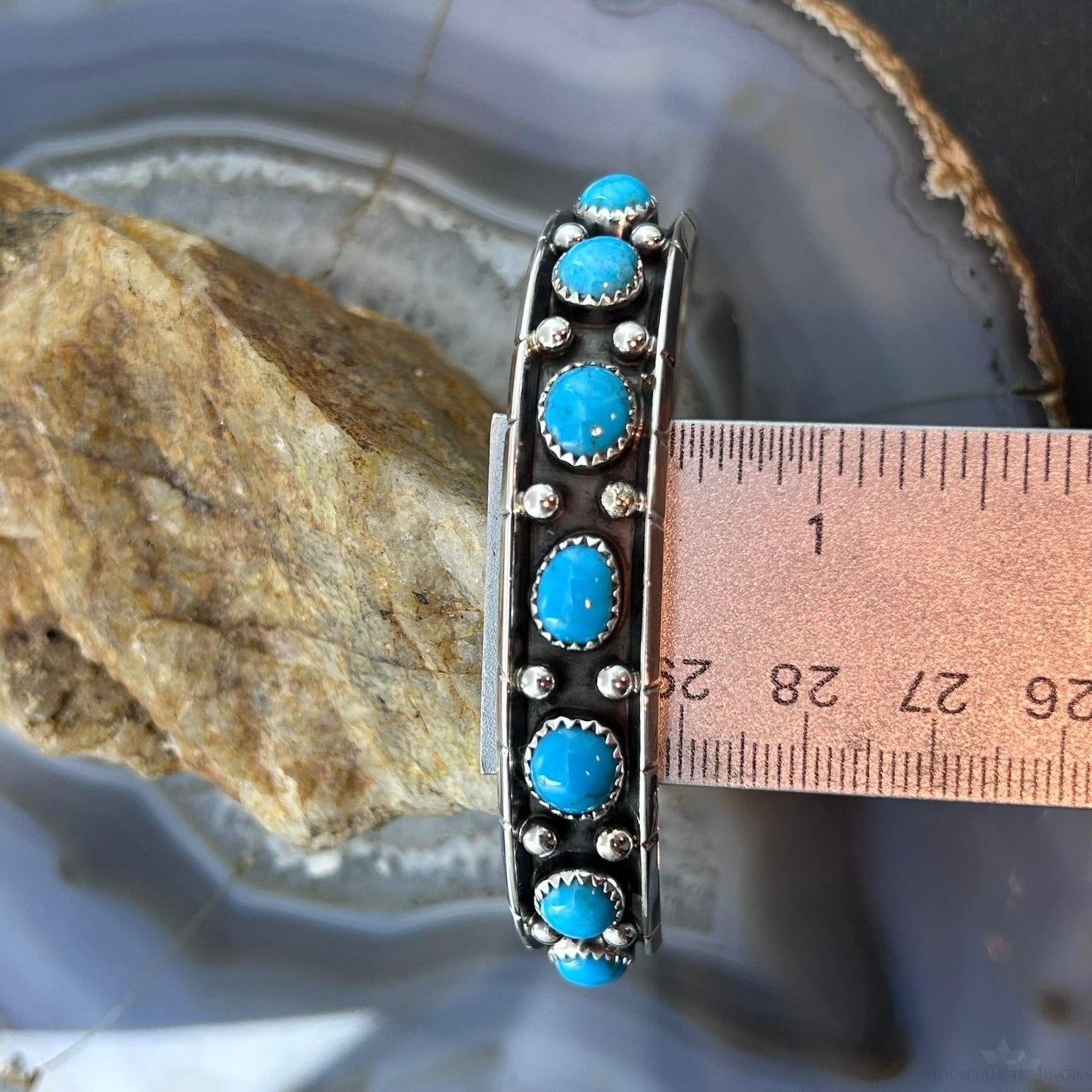 Reed Charley Native Americn Sterling Silver Turquoise Decorated Row Bracelet For Women