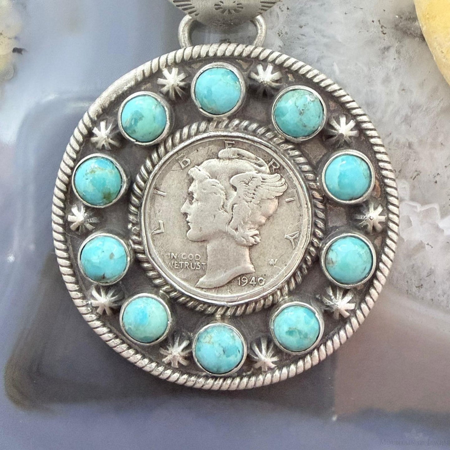 Genuine 1940 90% Silver Mercury Dime Coin w/Mohave Turquoise Unisex Pendant