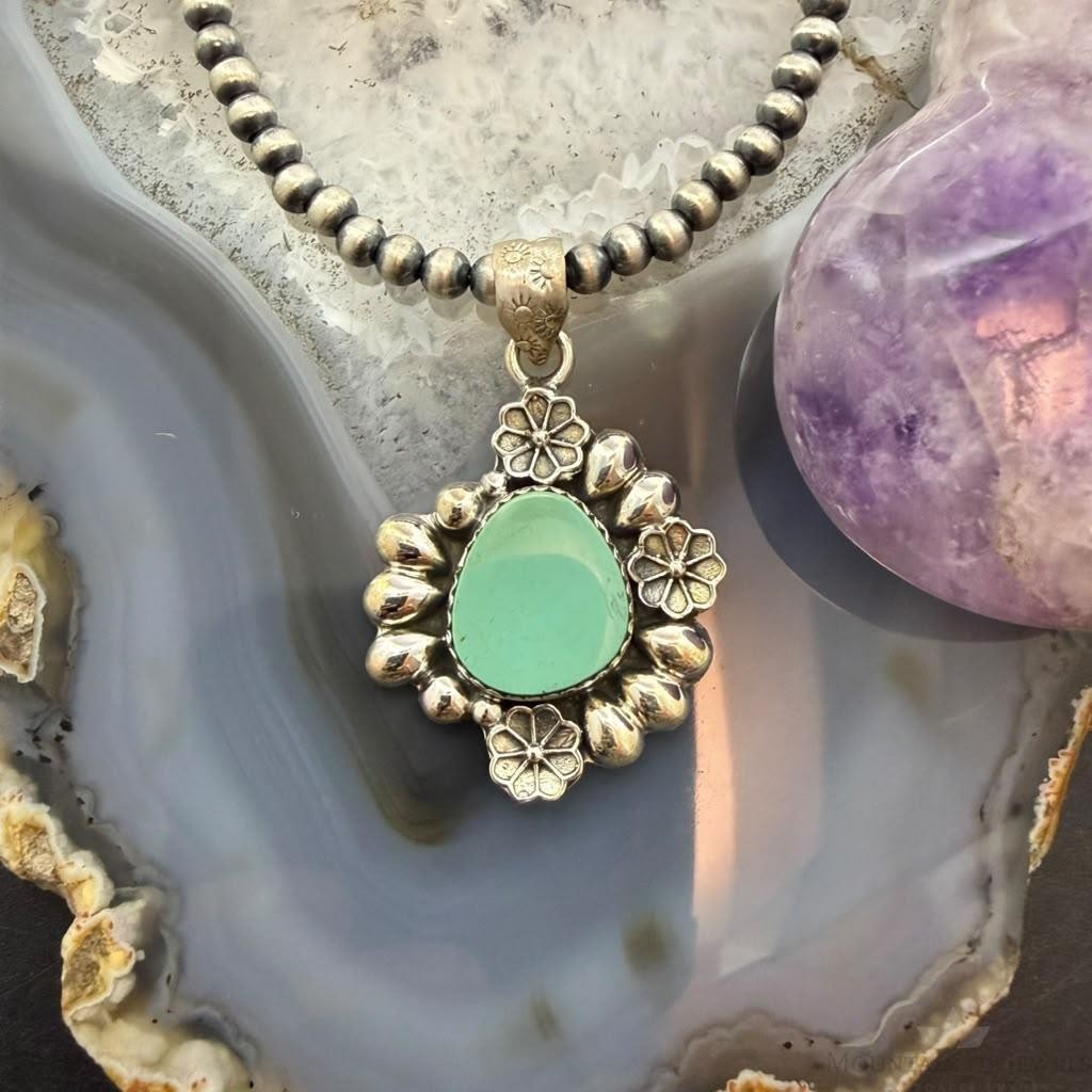 Sterling Silver Southwestern Style Turquoise w/Flower Decorated Pendant For Women #1