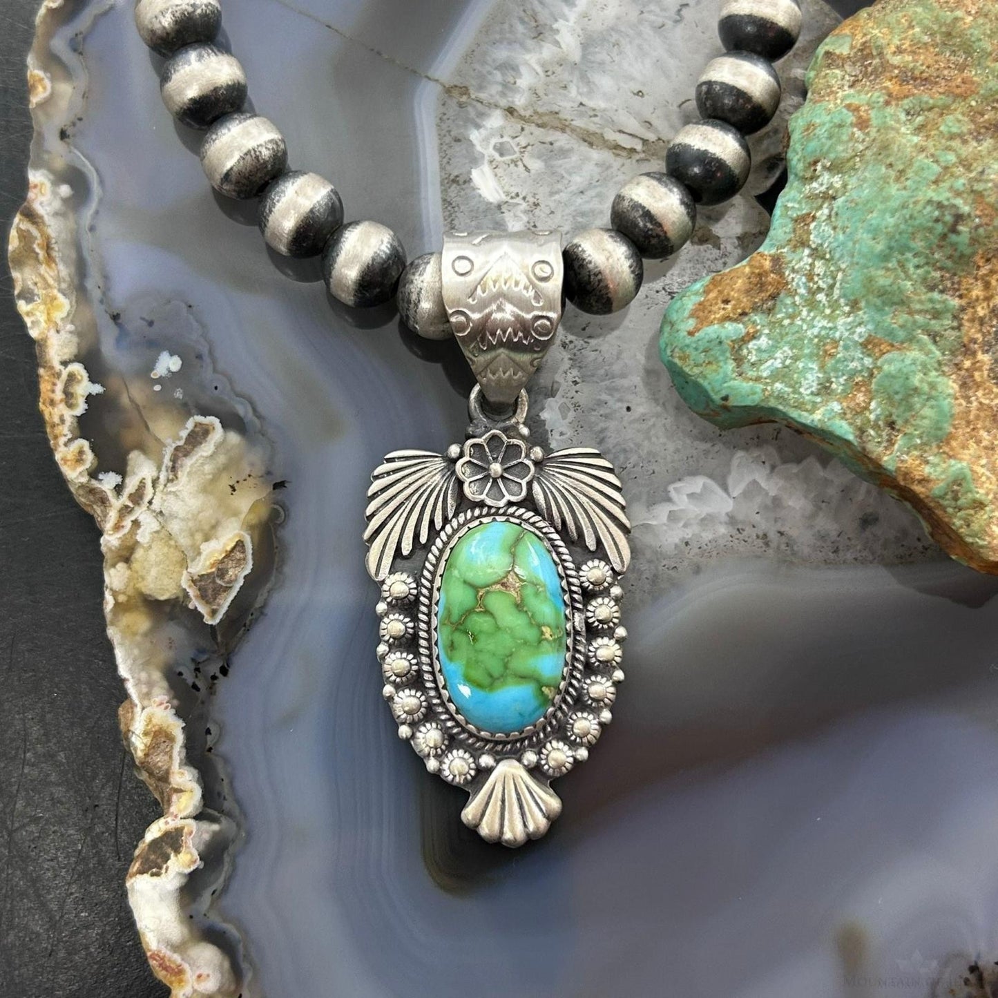 Sterling Southwestern Style Oval Sonora Gold Turquoise Leaves Decorated Pendant