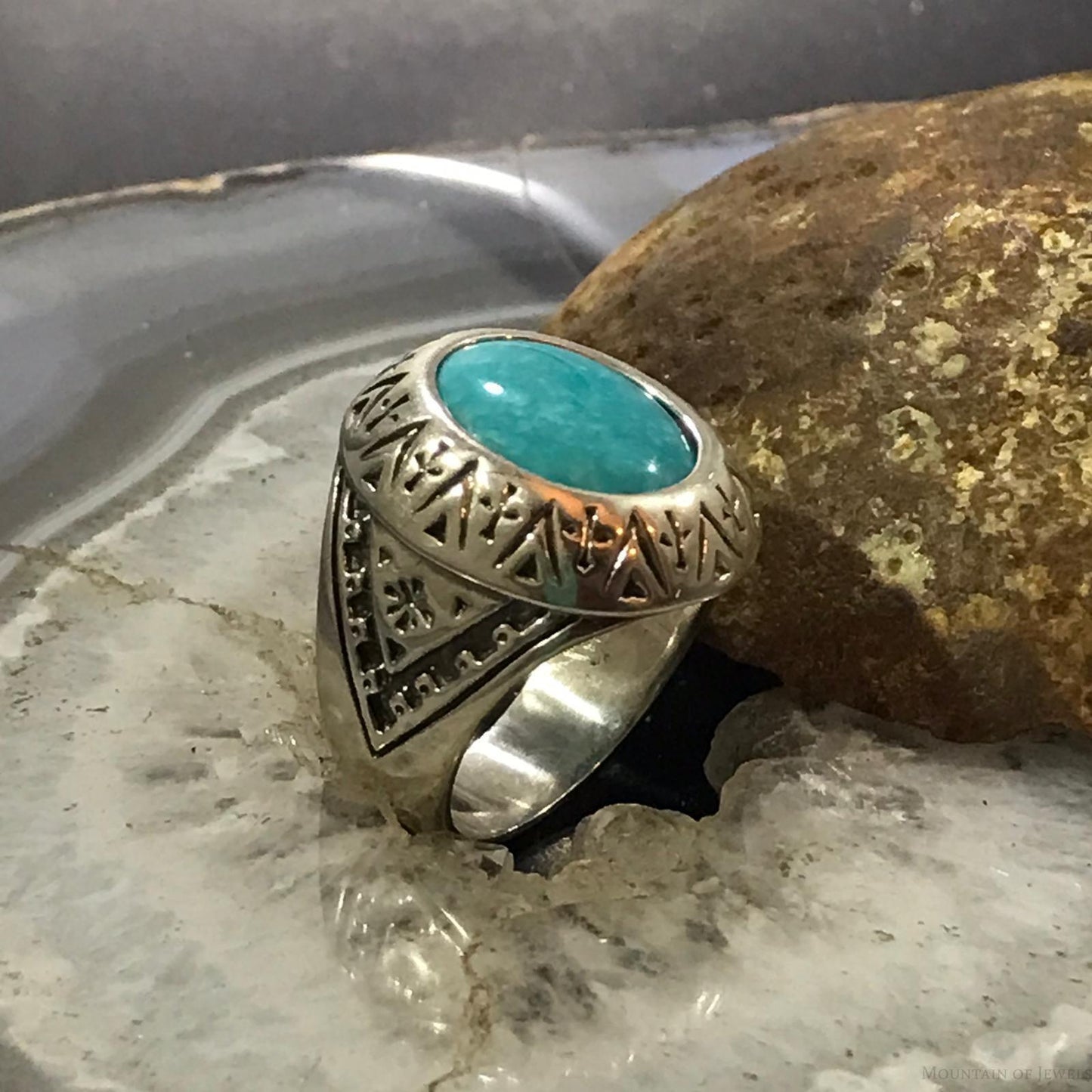 Carolyn Pollack Sterling  Silver Oval Turquoise Decorated Shield Ring Size 9.5 For Women