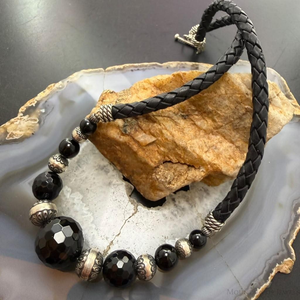 Carolyn Pollack Sterling Rounded & Faceted Onyx Beads Braided Leather Necklace For Women