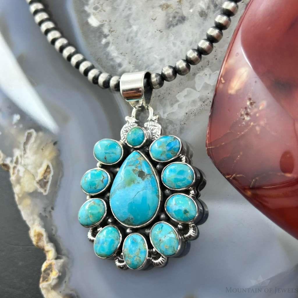 Sterling Silver Southwestern Style Mohave Turquoise Cluster Pendant For Women #1