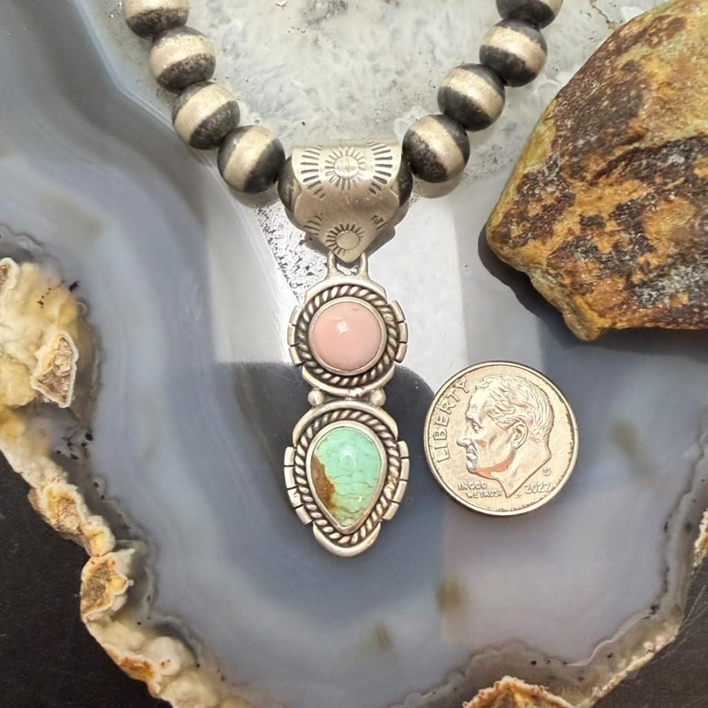 Sterling Silver Southwestern Style Pink Conch & Turquoise Pendant For Women