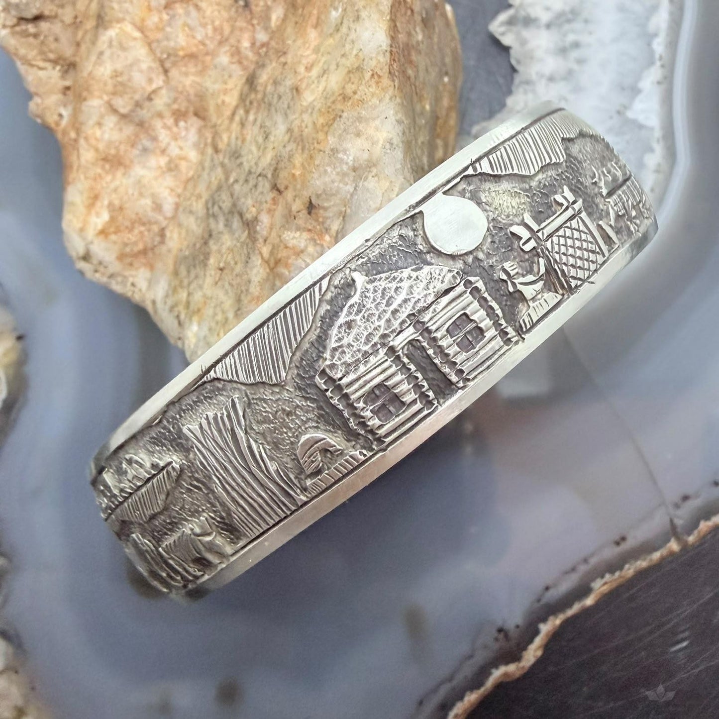 Alex Becenti Native American Sterling Silver Village Life Storyteller Unisex Bracelet